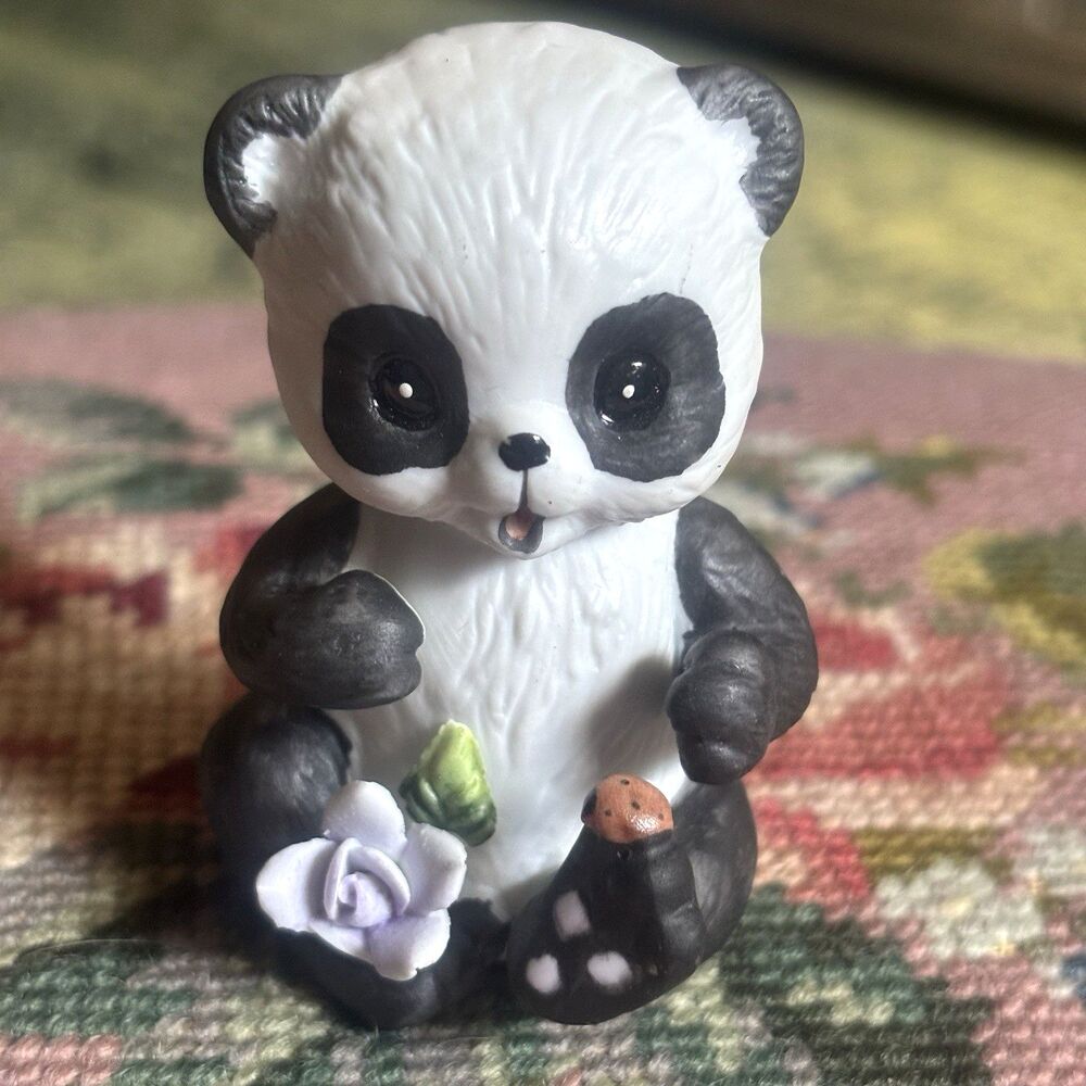 Vintage Ceramic Panda Bear Figurine Holding Flower & Ladybug Taiwan